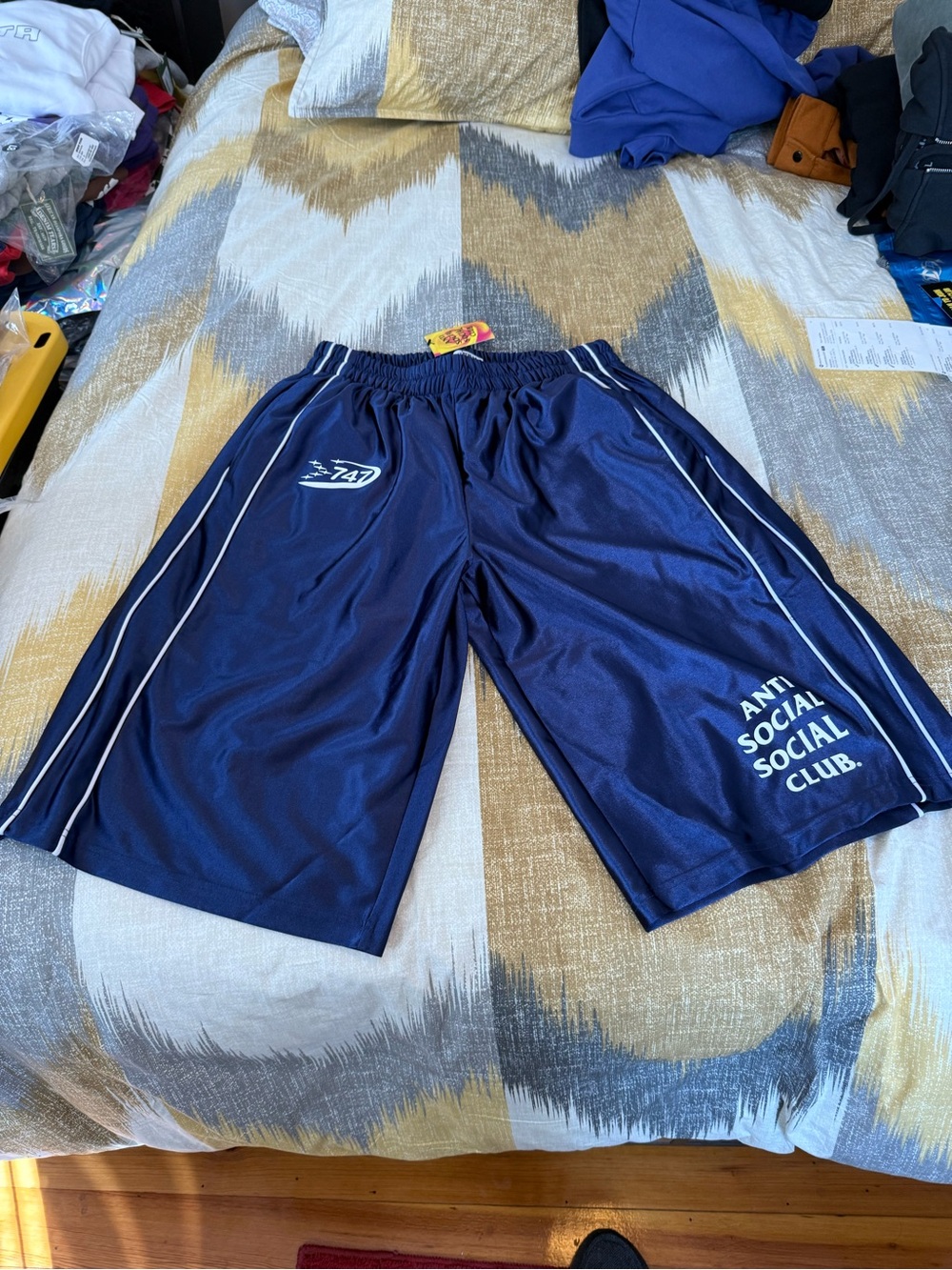Anti Social Social Club Navy Blue Athletic Shorts with White Piping